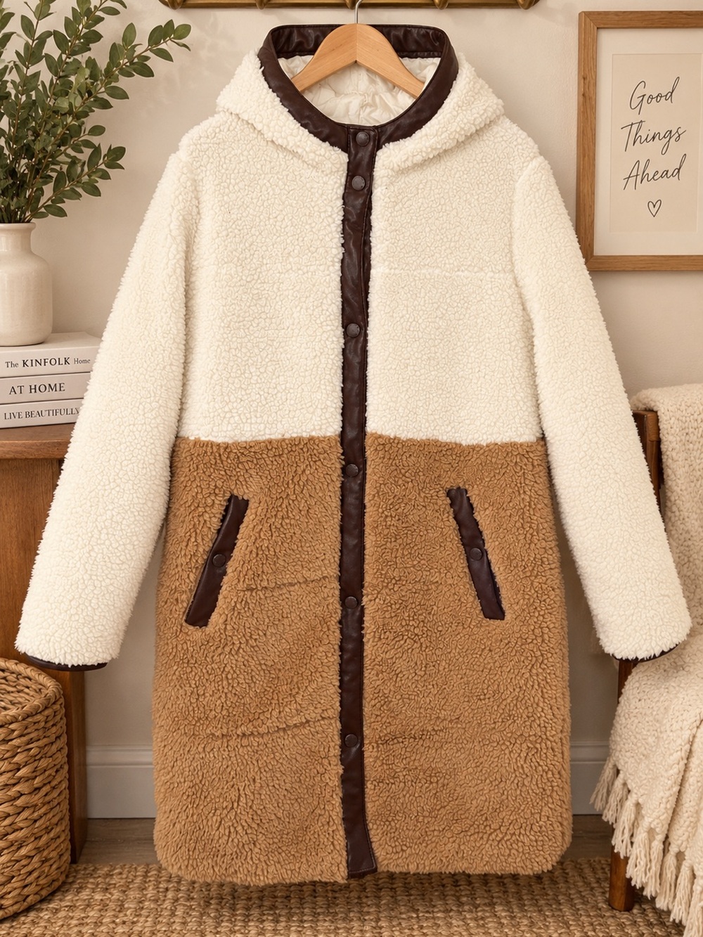 Levi's Two-Tone Teddy Sherpa Hooded Coat in Cream & Brown